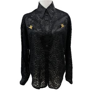 Vtg Black Sheer Lace & Satin Button Front Blouse Goth Whimsygoth BAROQUE Small